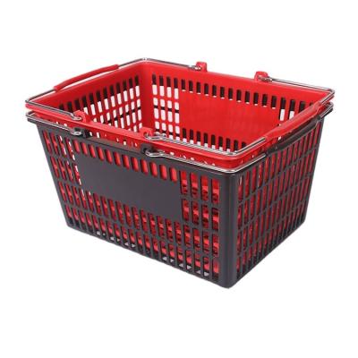 China 1) Supermarket 2)stores Hot Sale Red Black Plastic Double Handle Small Supermarket Shopping Basket for sale