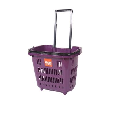 China 1) Supermarket 2)stores Wholesale 4 Wheels Rolling Plastic Grocery Shopping Baskets For Supermarket for sale