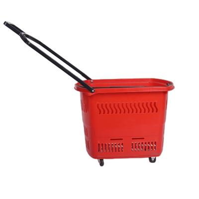 China 1) Supermarket 2)stores Customized Logo Plastic Supermarket Shopping Rolling Basket With 4 Wheels for sale