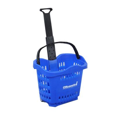 China 1) Supermarket 2)stores Hot Sale Plastic Rolling Retail Stores Supermarket Shopping Basket With 4 Wheels for sale