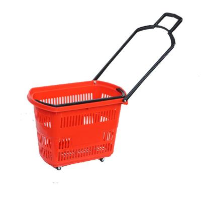 China 1) Supermarket 2)stores Wholesale Portable Red Plastics 4 Wheel Supermarket Shopping Basket For Sale for sale