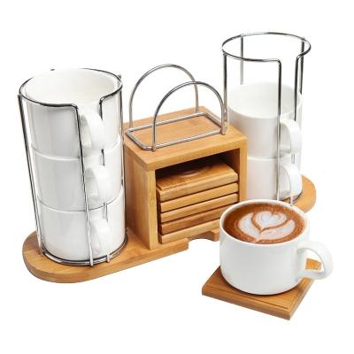 China Sustainable Bamboo Coaster Luxury Set of 6 White Ceramic Espresso and Bamboo Tea Cup Coasters with Cheap Storage Table Stand for sale