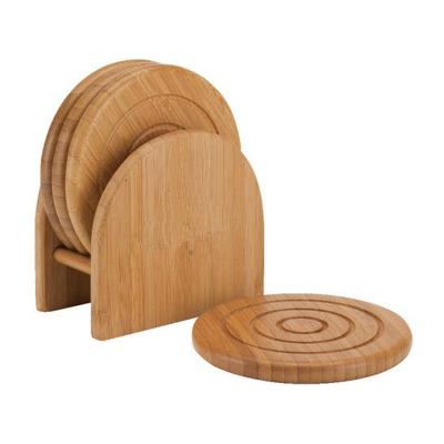 China Sustainable Bamboo Round Coasters With Stand For Home Kitchen Eco - Friendly Wooden Coaster Set Of 4 Drinking Pads Heat Resistant for sale