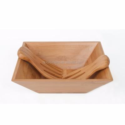 China Sustainable Wholesale Bamboo Square Salad Bowl With Serving Hands / Salad Servers for sale