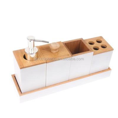 China Sustainable Supply Bathroom Accessories Bamboo Bath Cart Set Includes Pump Soap Dispenser , Toothbrush Holder for sale