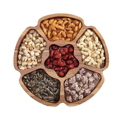 China Sustainable Round Wood Acacia Wood Food Nut Snack Tray for Living Room Candy Organized Storage Dish with 6 Compartments for sale