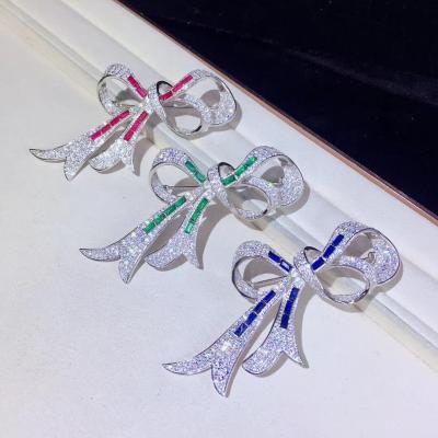 China New Arrival Fashionable Jewelry 925 Colorful Zircon Stone Bow Knot Pin Brooch for sale