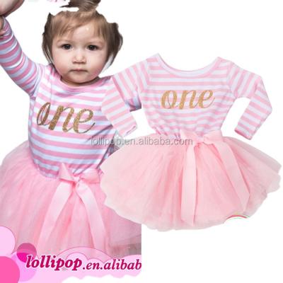 China Long Sleeve Glitter Gold One Little Girl Tutu Dress Pink and White Stripe for Baby Kids First Birthday Dress Infant Dresses for sale