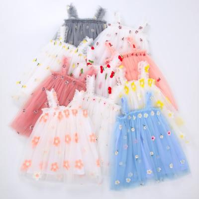 China New Arrival Daisy Flower Print Strap Tulle Mesh Embroidery Princess Dress Baby Girl's Summer Washable Dresses Wholesale for sale