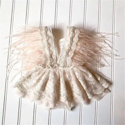 China Nylon Nylon/Cotton/Cotton 2022 Infant Baby Princess White Overalls Fly Sleeve Backless Feather Baby Summer Lace Up Floral Embroidery Romper Dress for sale