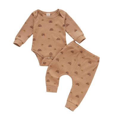 China 2022 Antibacterial Boho Baby Clothes Rainbow Print Ribbed Knit Long Sleeve Romper Overalls Pants Newborn Infant Boys Girls Lounge Wear Set for sale