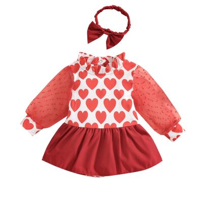 China Love Heart Print Princess Romper Mesh Puff Sleeve Romper Love Heart Printing Princess Romper Mesh Puff Sleeve Romper Valentines Day Toddler Clothes Supporter Mesh Puff Long Sleeve Baby Girls jumpsuit love romper + skirt bandeau heart for sale