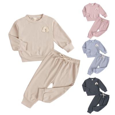 China 2022 Spring Autumn Boho Solid Boys Girls Washable Ribbed Cotton Knitted Clothes Set Baby Rainbow Infant Toddler Ribbed Tracksuit Set for sale