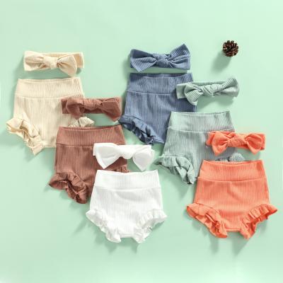 China Anti Pilling Anti Pilling Hot Sale 6 Solid Color Ribbed Cotton Baby Bummies High Waist Shorts Bloomers Ruffle Trim Baby Bummies And Bow Headband Set for sale