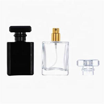 China Personal Care Custom Logo Flat Square Transparent White Black Perfume Bottle With Box 30Ml 50Ml 100Ml for sale