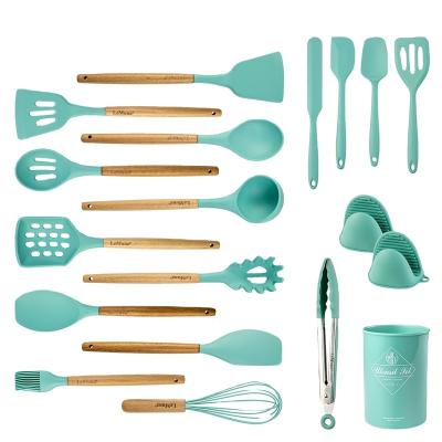 China Viable 18-PIECE BPA Free Kitchen Utensils Silicone Cooking Tool Kit for Kitchen ODM, Wooden and OEM Silicon Cookware with Wooden Rack for sale