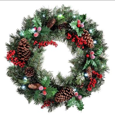 China Hot Sales PVC/PE/PET Artificial White Berry Christmas Wreath With Big Pinecone For Christmas Decoration for sale