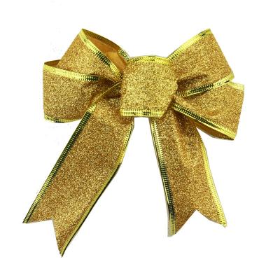 China Stocked Christmas Tree Ornaments Shiny Glitter Christmas Bow For Wreath Garland Decorations Golden Christmas Bow for sale