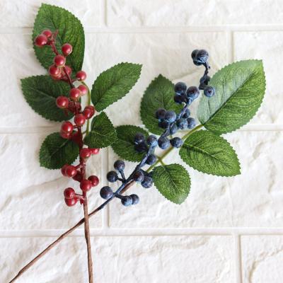 China Natural Real Touch Frosted Berry Picks Blueberry Stem Holly Spray Green Leaves For Wreath Garland Christmas Tree Decoration for sale