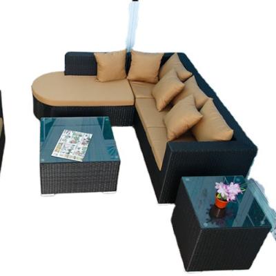 China Eco-friendly PE Rattan Corner Sofa With Table Bench And Rising Stool Backyard Set Flat PE Outdoor Furniture Garden Set for sale