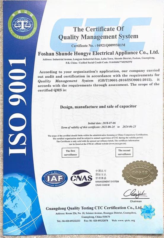 ISO9001 - Foshan Shunde Hongye Electrical Appliance Co., Ltd.