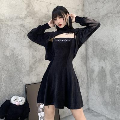 China Polyester Spaghetti Strap Halloween Bodycon Velvet Sling Vintage Black Gothic Lolita Clothing Dresses With Turtleneck Top for sale