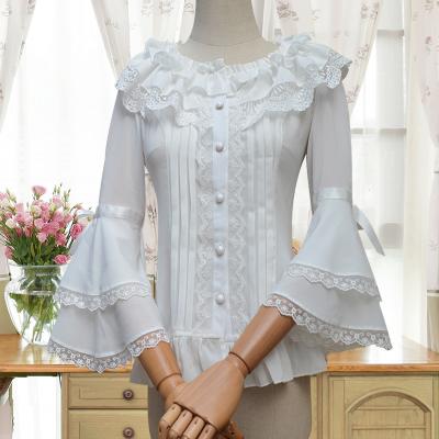 China Vintage Anti-pilling Vintage Lolita Flared Sleeve Chiffon Slim Retro Sweet Ruffles Lace Up Lolita Blouse Kimono Shirt for sale