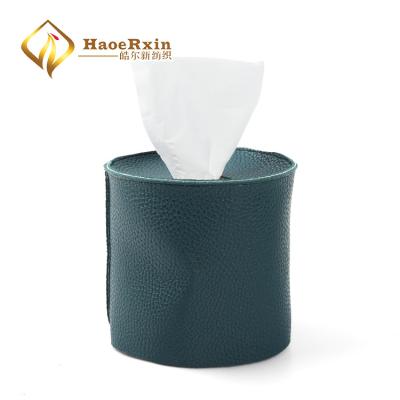 China Hot Selling Custom Made Luxury Home Office Elegant Custom Made Hotel PU Leather Round Tissue Box for sale