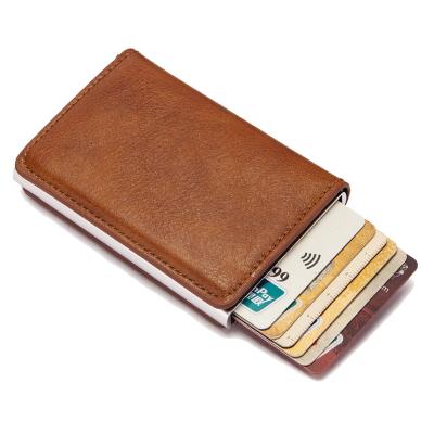 China Fashion Credit Card Holder Carbon PU Leather Wallet Mini Wallet With Back Pocket Aluminum RFID Automatic ID Card Blocking Purse for sale