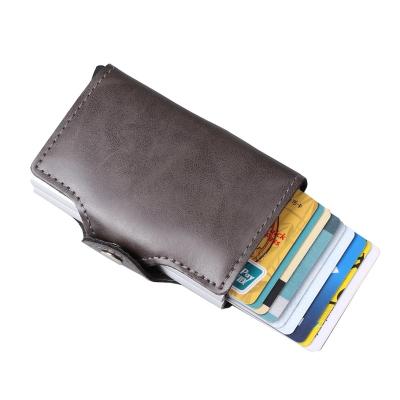 China RFID Blocking Protect Credit Card Aluminum Double Leather Holder RFID Blocking Automatic Wallet Noise Up ID Anti Theft Card Holder for sale