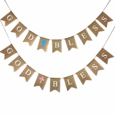 China Canvas GOD BLESS Letters Burlap Bifurcated Tail Banners Garland Bunting Flags For Baby Shower Baptism Baptism Party Decor for sale