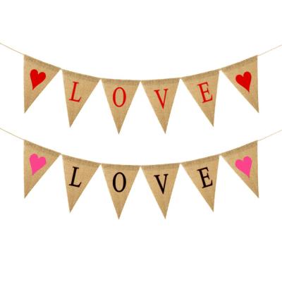 China Proposal Engagement Valentine's Day Party Canvas Decorations Pull Flower Pull Flag LOVE Burlap Pennant for sale