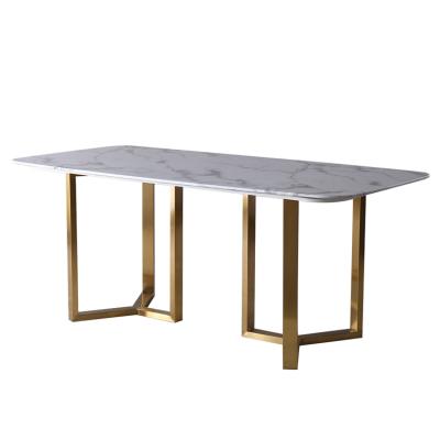 China Good Quality Modern Dining Tables Gold Brushed Stainless Steel Base Gold Artificial Marble Top Modern Dining Table for sale