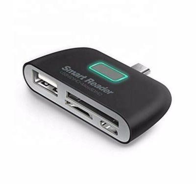 China 4 in 1 USB 2.0 SD Smart Card Reader TF OTG Card Reader Adapter with Micro USB Charging Port for USB Port Device ECR-026 for sale