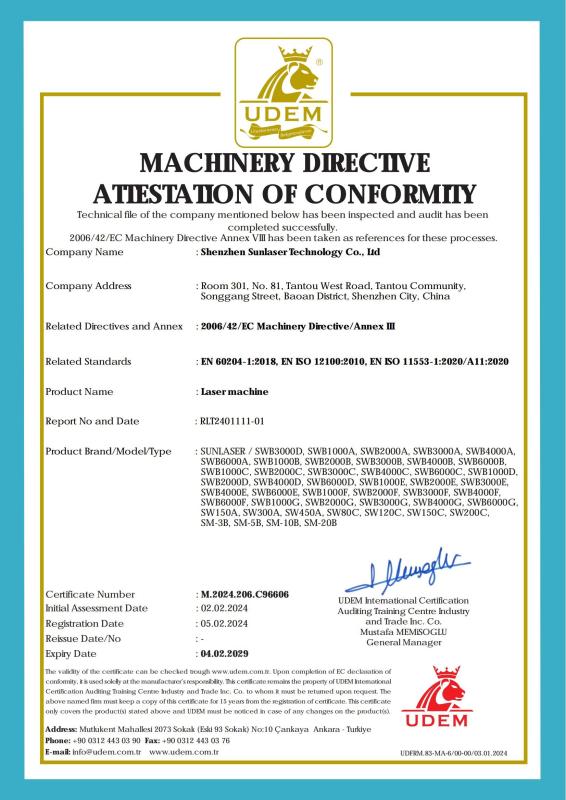 MACHINERY DIRECTIVE ATTESTATION OF CONFORMITY - Shenzhen Sun Laser Technology Co., Ltd.