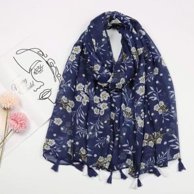 China Hot Selling Soft Feeling Refreshing Blue Floret Printed Scarf Polyester Comfortable Tassel Long Scarf For Women for sale