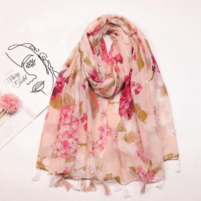 China Wholesale Soft Smooth Feeling Pink Flower Printed Scarf Autumn Winter Tassel Shawl Scarf Cotton Viscose Scarf For Women for sale