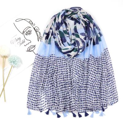 China Summer Headwrap Dot Printed Wide Scarf Fashion Soft Feeling Blue Floral Tassel Polka Dot Cozy Shawl Cotton Women Retro Scarves for sale