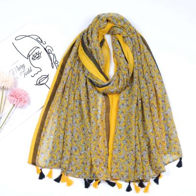 China Manufacturer Women Flowy Cotton Scarf Soft Smooth Feeling Gingko Leaf Printed Shawl Fashion Headwrap Multi-use Wide Tassel Scarf for sale