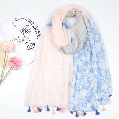 China Pink Blue Combo Tassel Scarf Amazon Ins Fashion Headwrap Floral Printed Instant Hijabs Lady Soft Smooth Feeling Bawal Cotton Scarf for sale