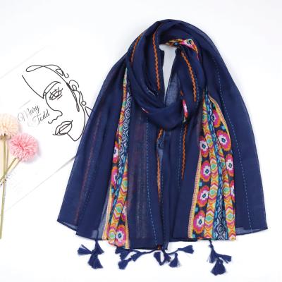 China Women Cotton Cozy Shawl Soft Soft Feeling Geometric Pattern Retro Printed Lady Wide Plain Navy Tassel Headwrap Bawal Viscose Scarves for sale