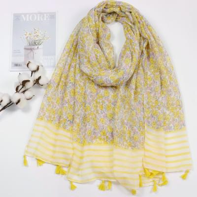 China New Soft Feeling Lyellow Tassel Shawl Style Soft Korean Cotton Scarf Multi-Use Decoration Muslim Hijabs Floral Print Squishy Shawl for sale