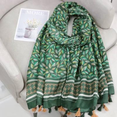 China Soft Soft Feeling Unique Purple Leaf All Over - Print Shawl Cotton Viscose Tassel Scarf Women Fashion Headwrap Multi-Use Pashmina Neck Scarf for sale