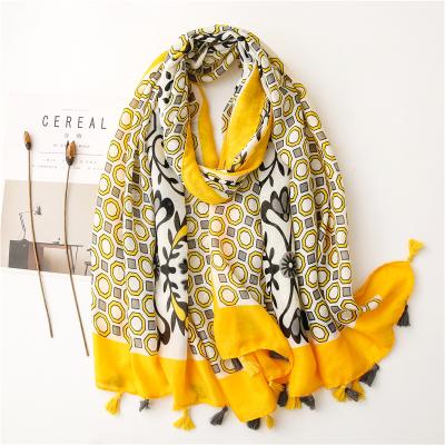 China 2021 Thin Soft Cotton Women's Slim Soft Cotton Scarf Soft Feeling Fantasy Color Floral Print Squishy Designer Scarf With Tassel for sale