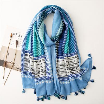 China 2021 New Retro Soft Smooth Feeling Stripe Cotton Viscose Printed Muslim Shawl Fashion Instant Hijabs Head Wraps for sale