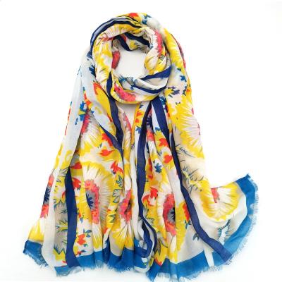 China Hot Unique Wholesale Sunflower Printed Viscous Lady Fashion Scarf Gold Foil Cotton Shawl Fashion Scarf for sale