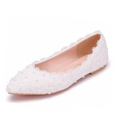 China Product flat high quality designer classic wedding shoes lace and pearl material fashion heels ladies flat shoes for sale