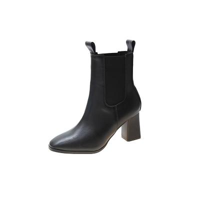 China Black Waterproof High Heels PU Leather Boots For Ladies, 7CM Heels Soft Lining Ankle Boots For Girls Women for sale