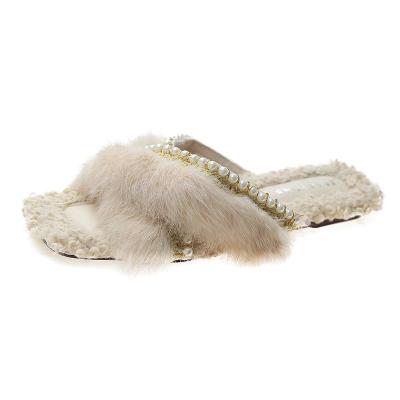 China Light faux fur winter indoor soft slippers for ladies and corss design woman wearing flat shoes for sale