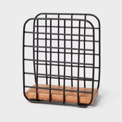 China New Minimalist Modern Metal Black Wire Table Cloth Standing Towel Rack With Wood Base For Kitchen for sale